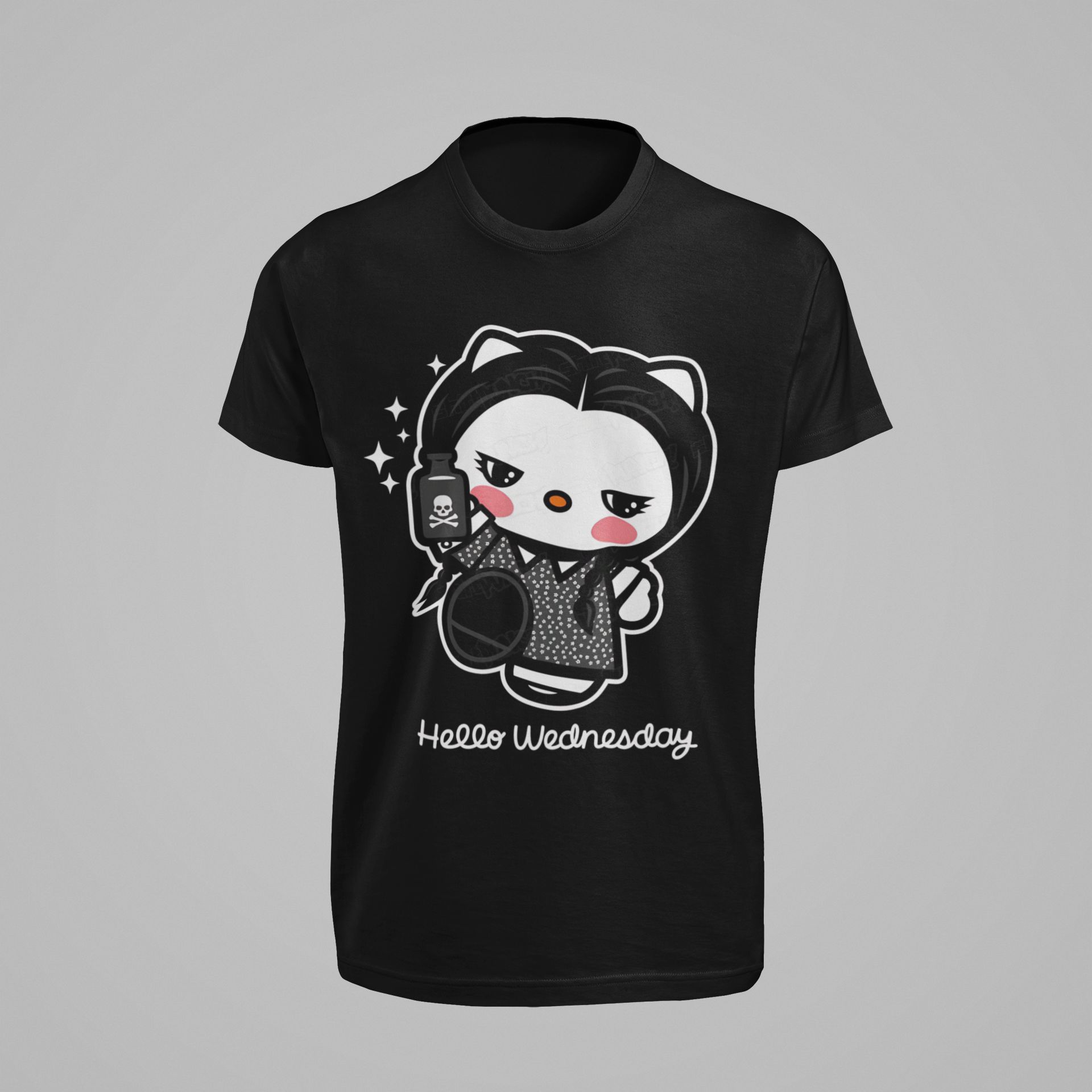 Hello Wednesday Gothic Hello Kitty Graphic Black Sweatshirt Hoodie & T-Shirt — front view