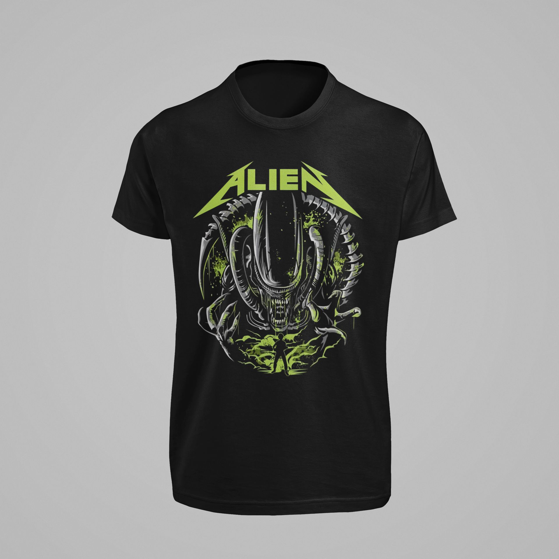 Alien Graphic Black Pullover Hoodie & Sweatshirt With Green Sci-Fi Design Unisex Casual Wear Long Sleeves — front view