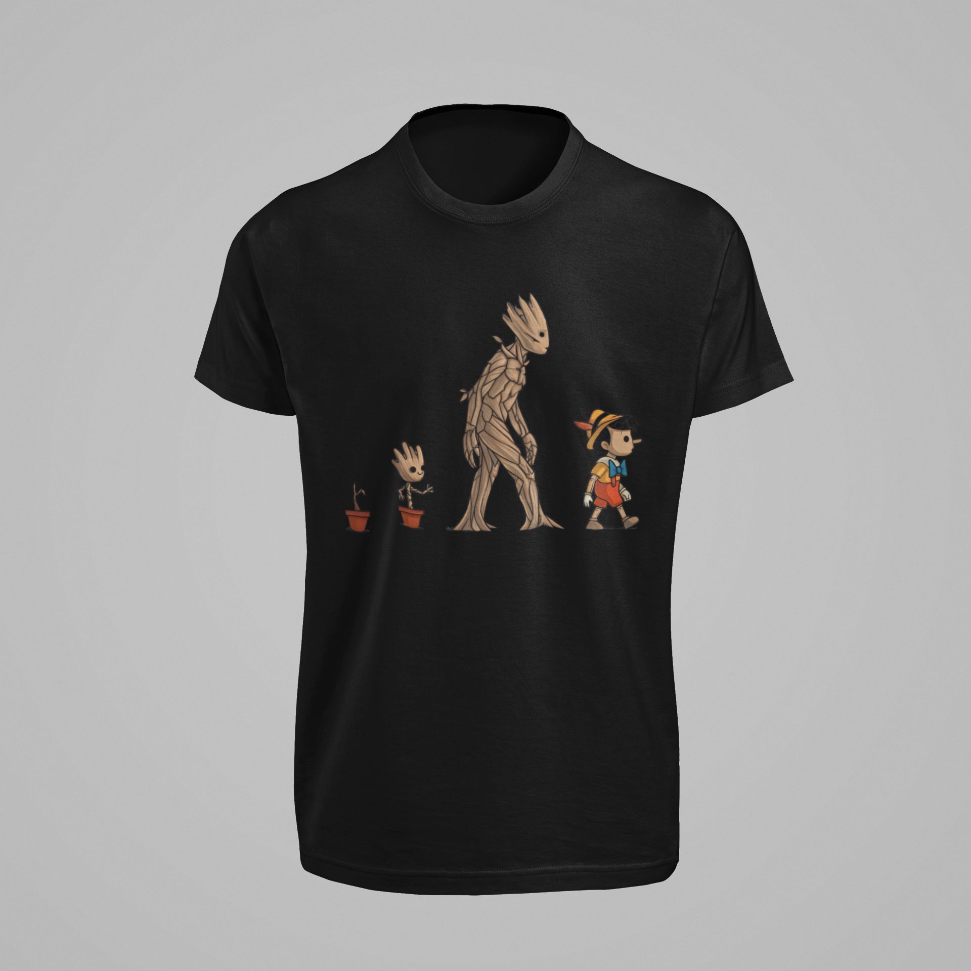 Groot & Pinocchio Evolution Graphic Sweatshirt / Hoodie / T-Shirt Unisex Cotton Blend Fun Pop Culture Design — back view thumbnail