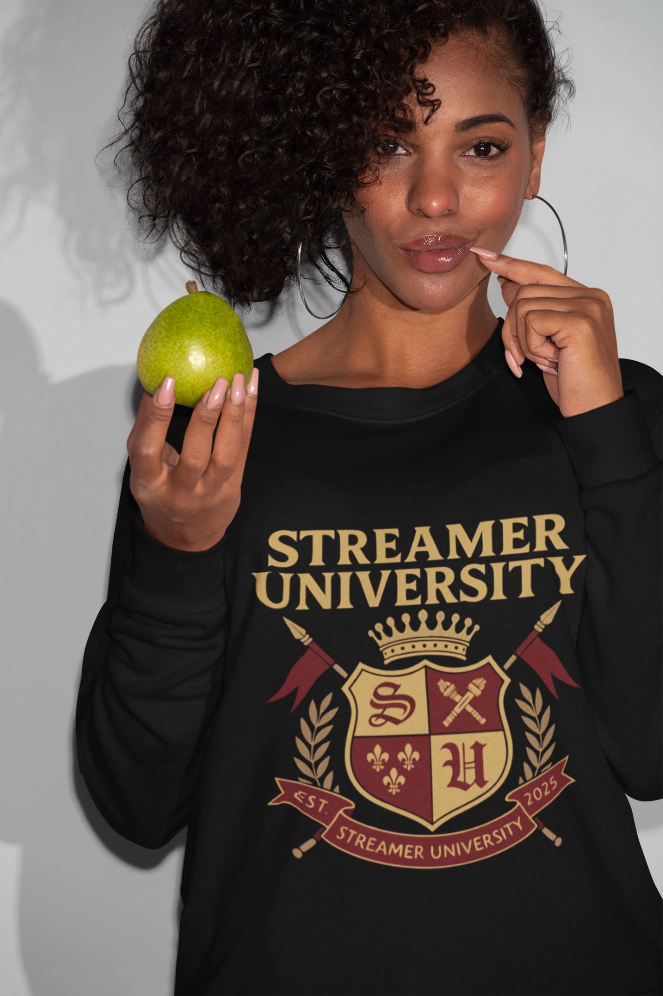 Streamer University Crewneck Sweatshirt With Crest Design Unisex Fit Available In Red Black Or White Cotton Blend — back view thumbnail