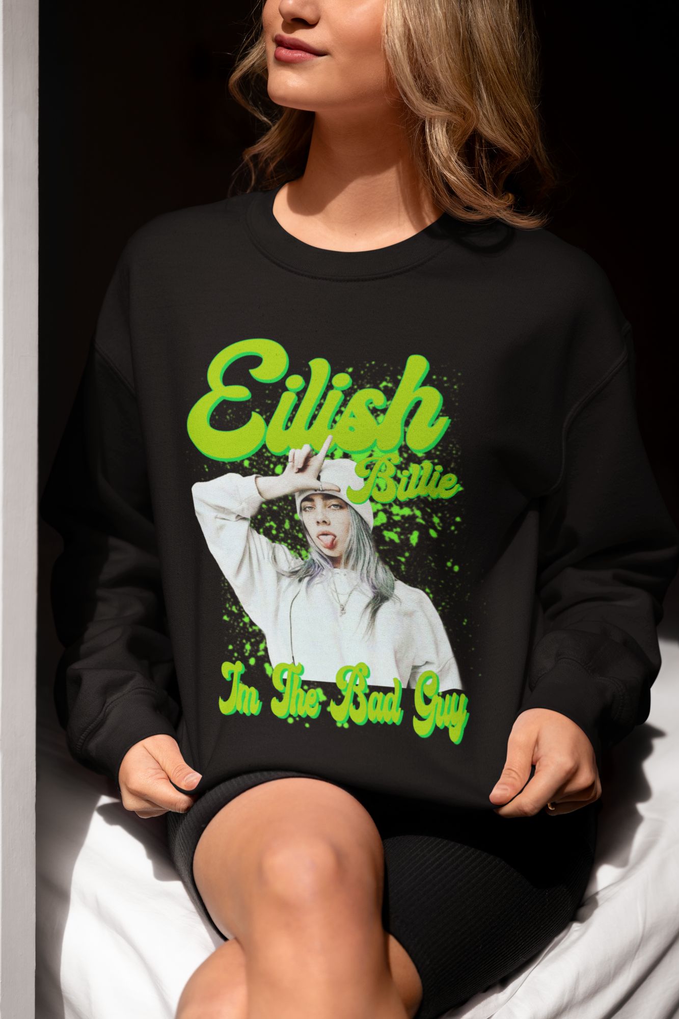 Billie Eilish "In The Bad Guy" Graphic Sweatshirt Pullover Unisex Casual Wear Black With Neon Green Design — back view thumbnail