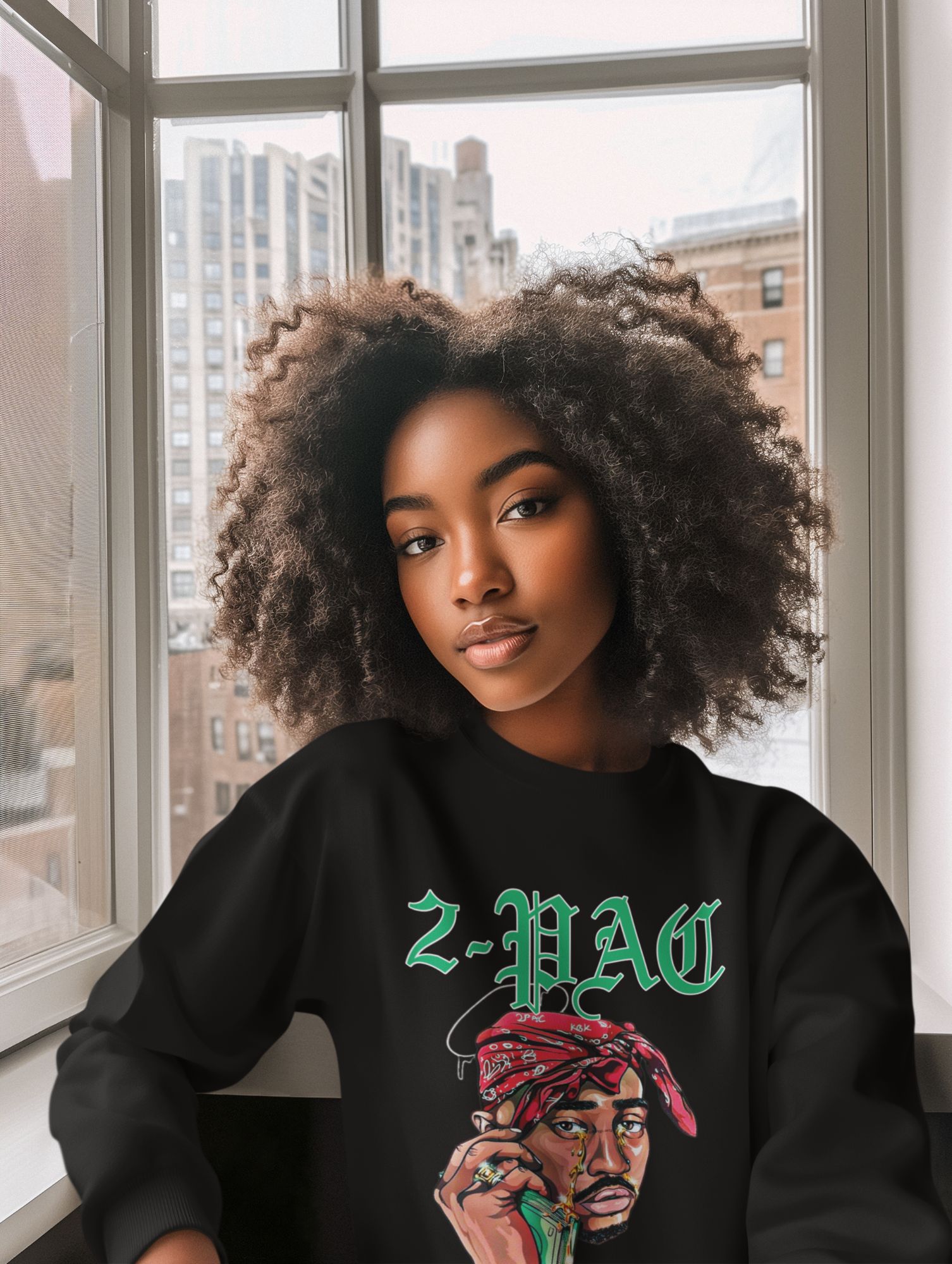 2-Pac Graphic Black Crewneck Sweatshirt Unisex Fit Cotton Blend Comfortable Casual Urban Style — back view thumbnail