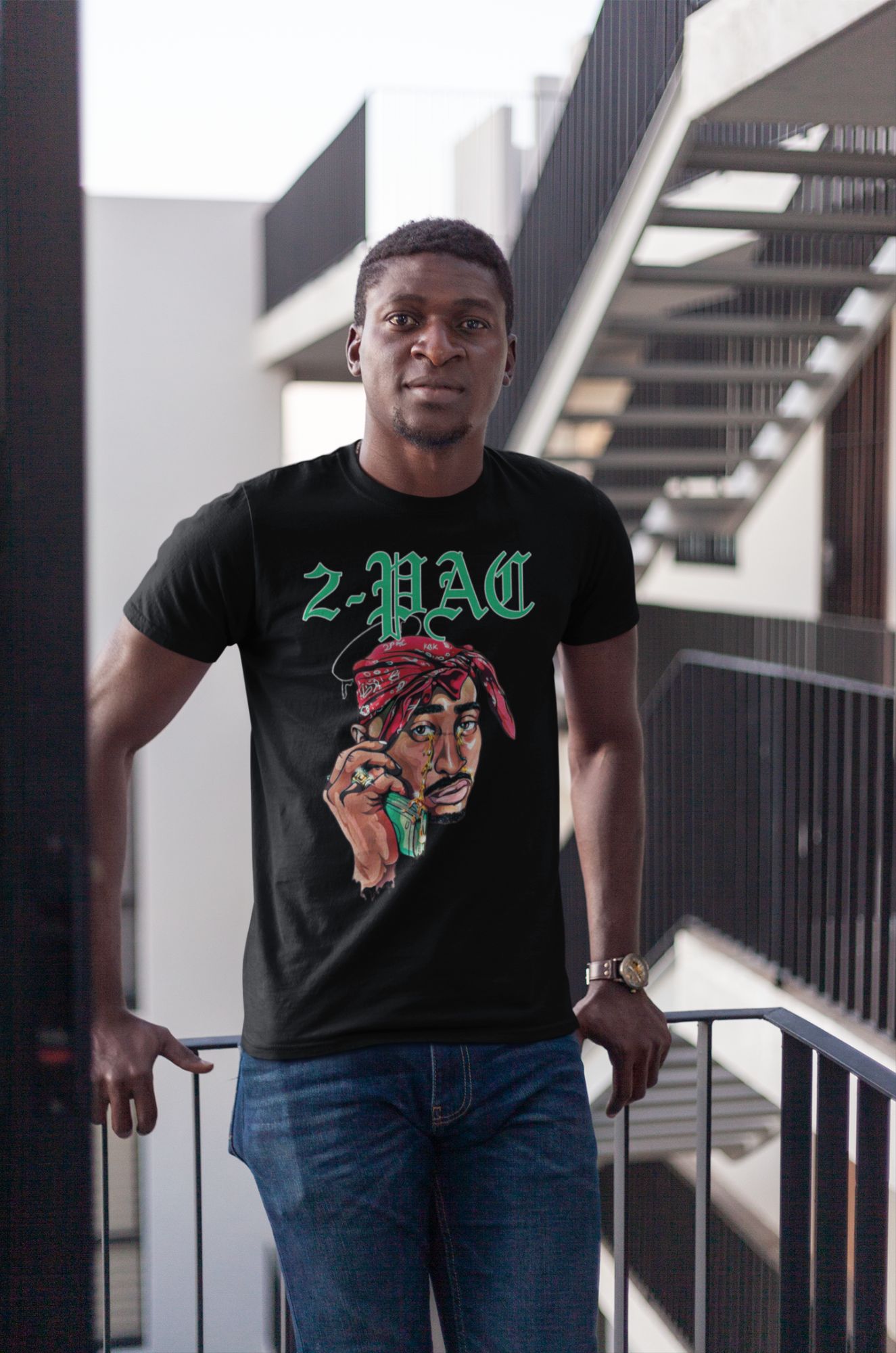 2-Pac Graphic Black Short-Sleeve T-Shirt With Bold Design & Green Text — back view thumbnail