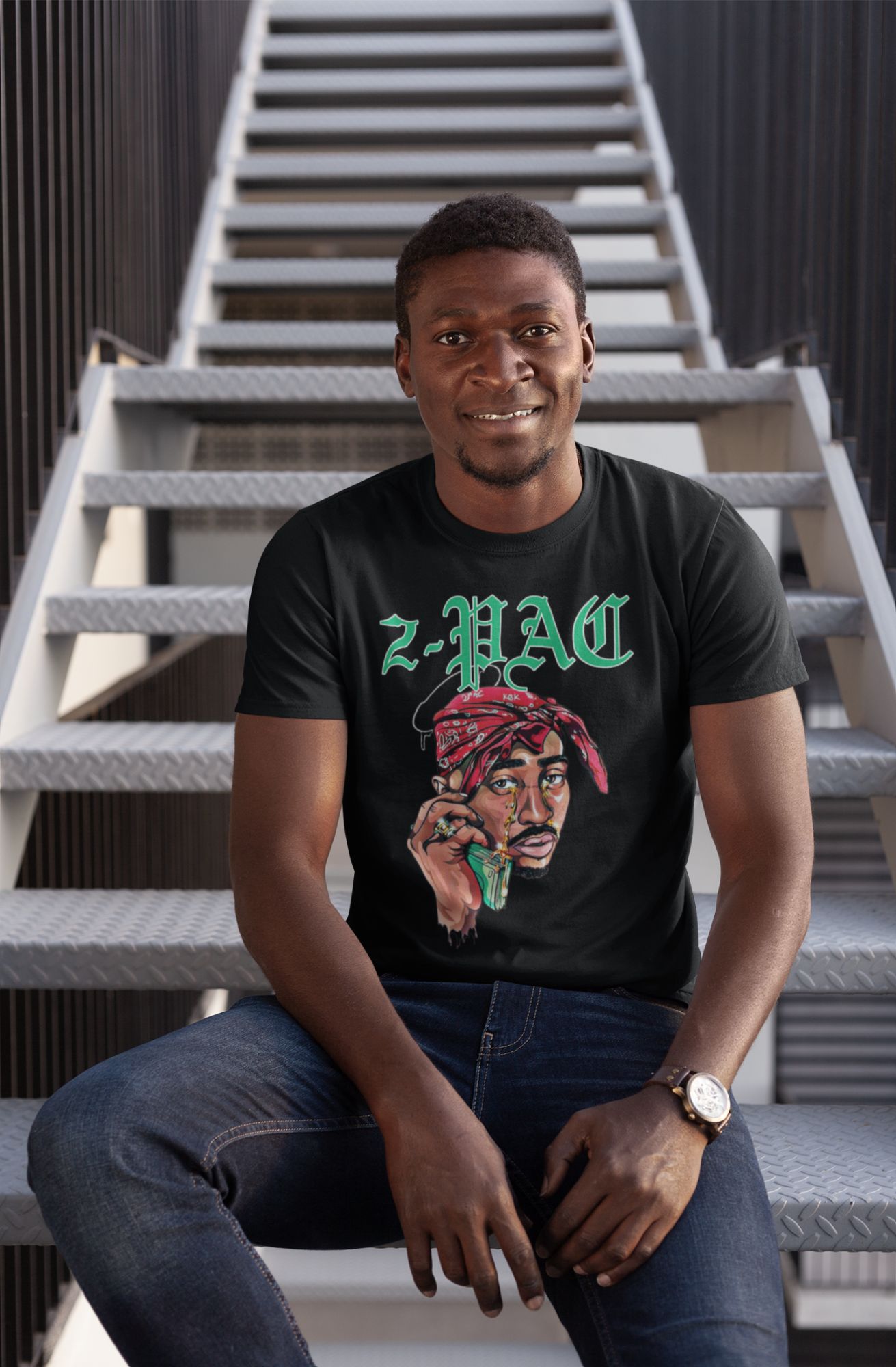 2-Pac Graphic Black Short-Sleeve T-Shirt With Bold Design & Green Text — front view