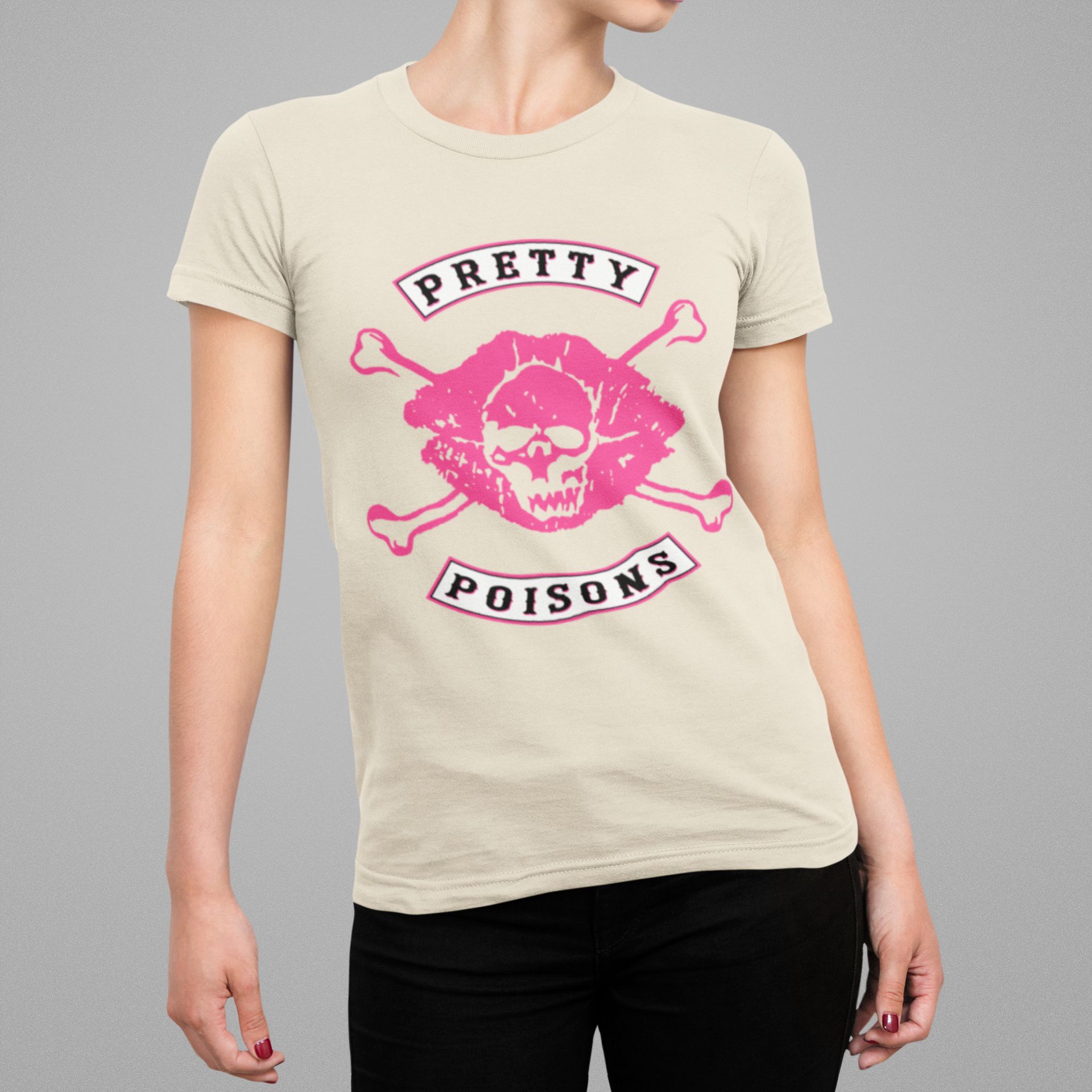 Pretty Poisons Graphic Tee Womens Short-Sleeve Skull & Crossbones Design Multiple Colors S-XL — front view