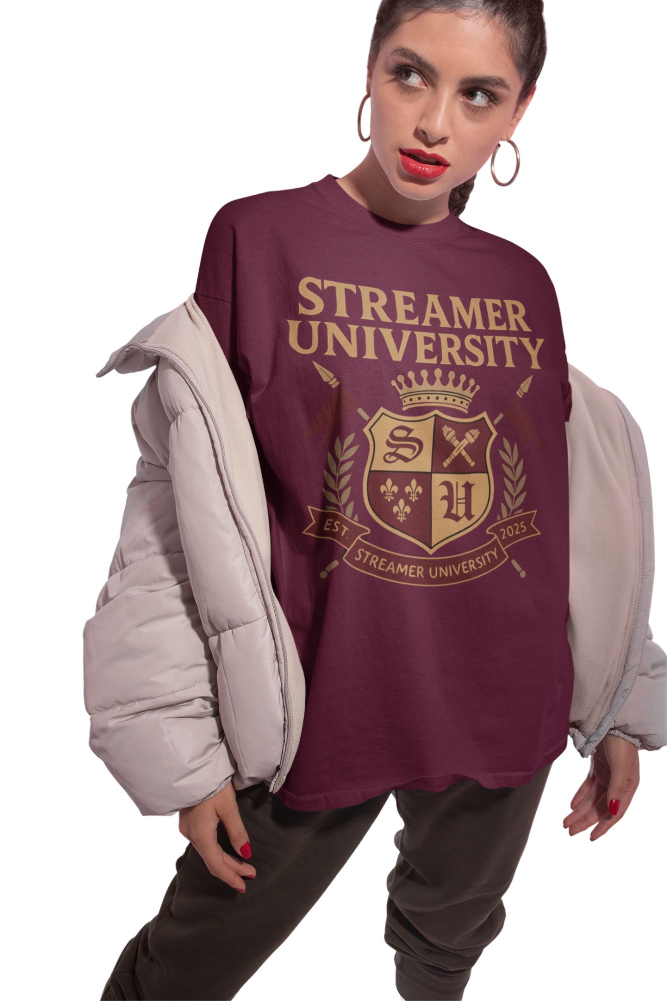 Streamer University Crest Graphic T-Shirt In White Black & Burgundy — front view